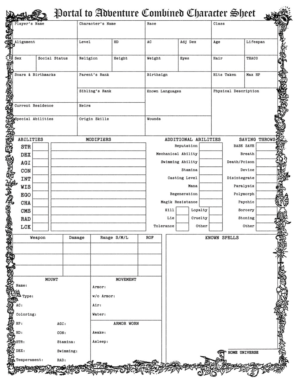 Portal To Adventure Character Sheet