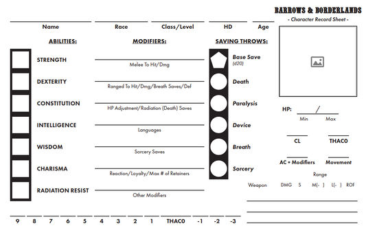 Barrows & Borderlands Character Sheets